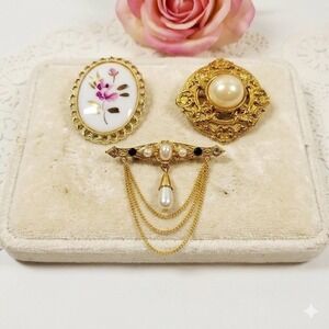 Vintage GrannyCore Brooch Set Pearl & Floral Pins 3 pc Victorian Revival Cottage